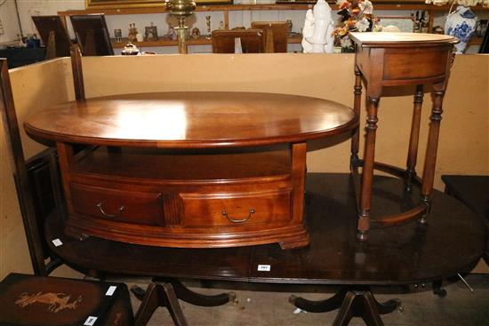 Cherrywood demi-lune side table and a similar oval coffee table with undertier